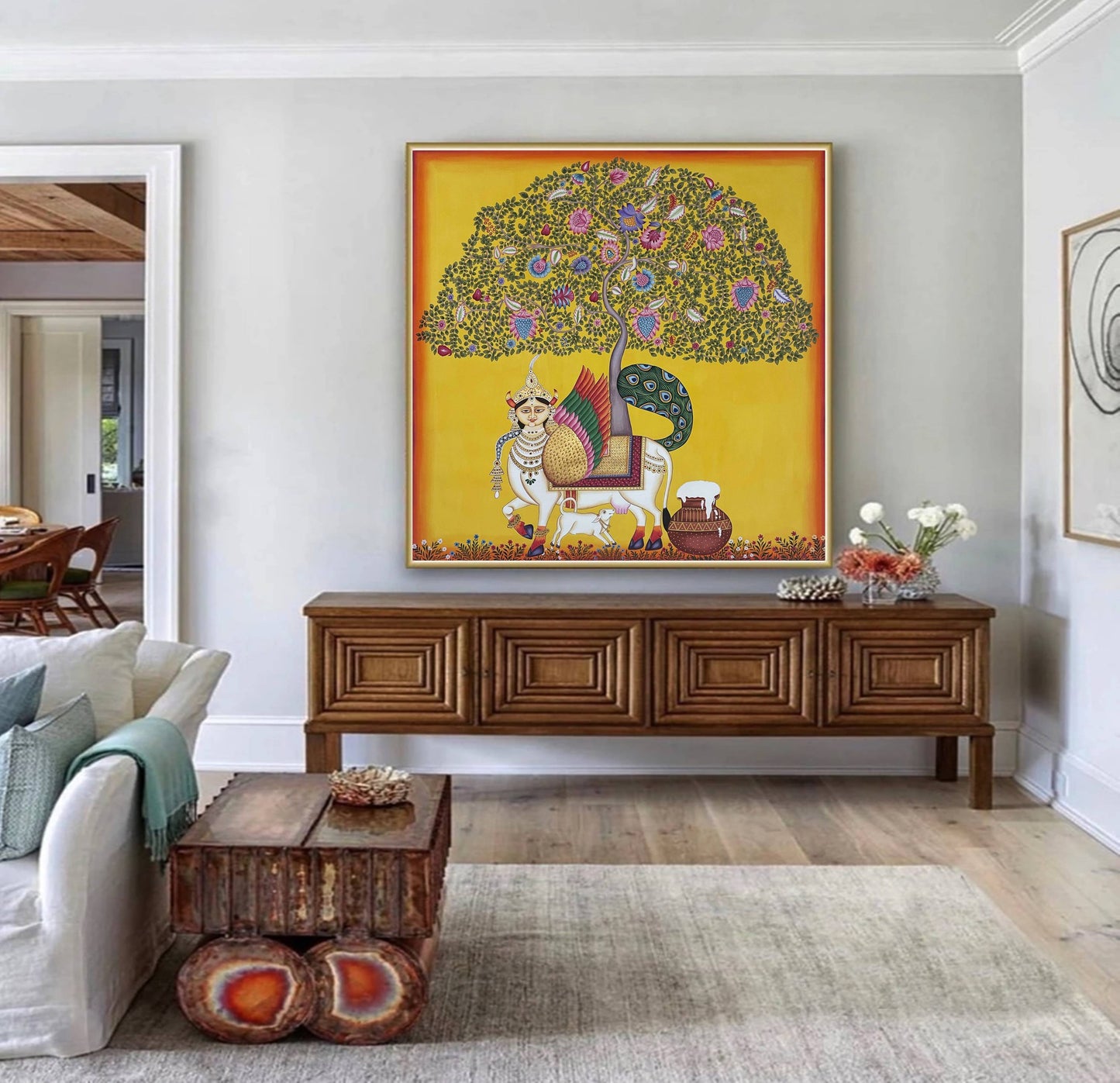 kamdhenu sacred cow life tree - Handmade Pichwai Painting- 3x3 Feet - Jaipur Earth