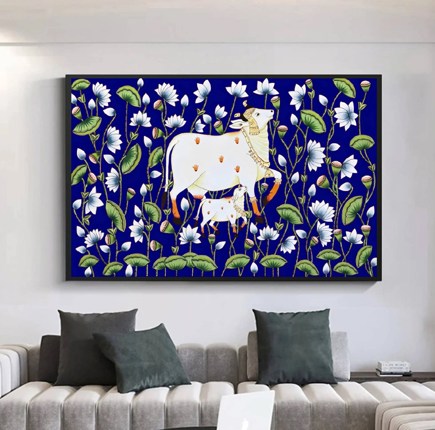 Cow Pichwai Painting, Large Traditional Indian Pichwai Painting For Home Decor, Wall decor. home decor - Jaipur Earth