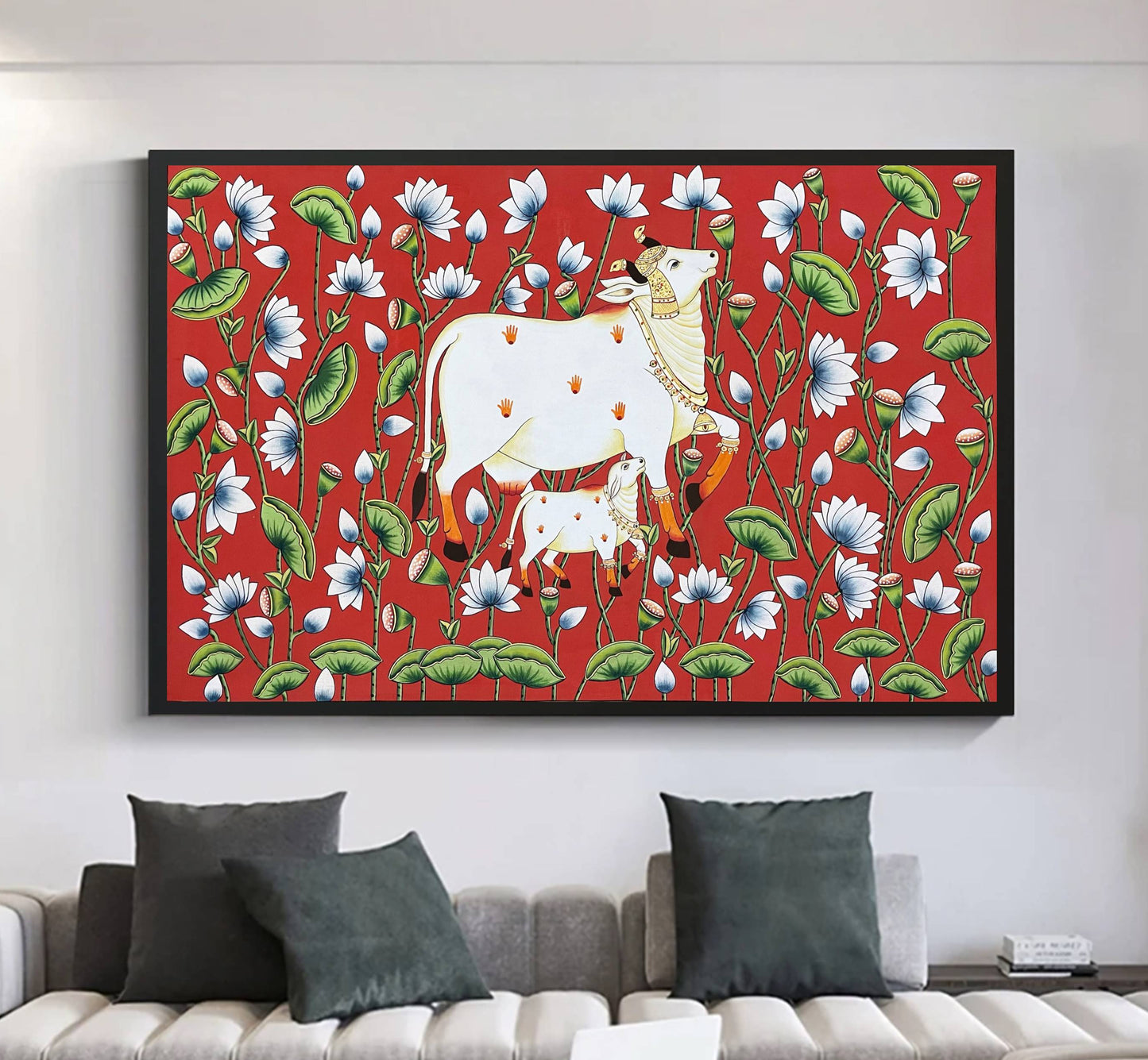 Cow Pichwai Painting, Large Traditional Indian Pichwai Painting For Home Decor, Wall decor. home decor