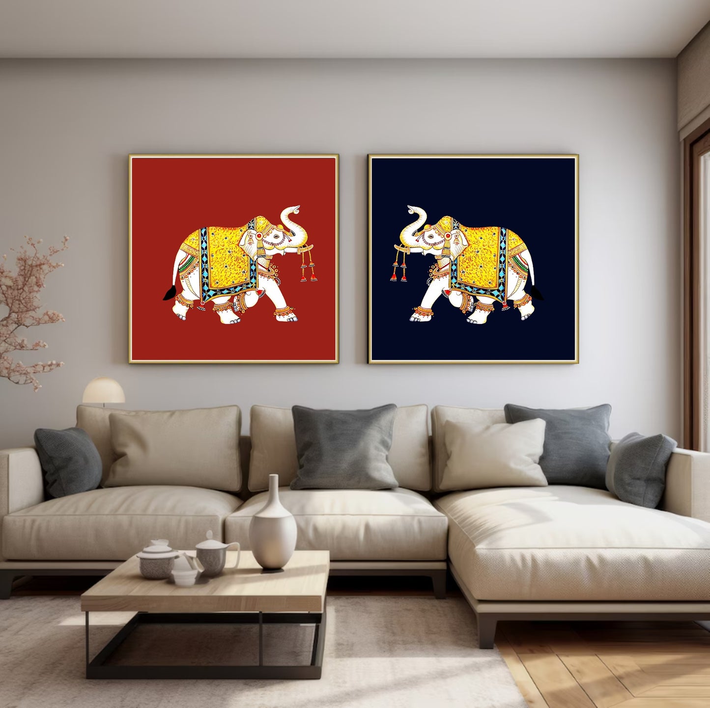Pichwai painting, set of 2 Elephant pichwai painting, wall decor, Home decor gift - Jaipur Earth