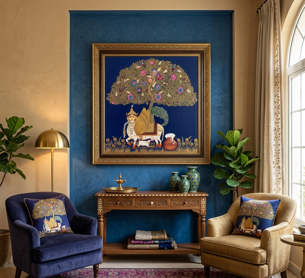 Kamdhenu Sacred Cow Life Tree Handmade Pichwai Painting | Traditional Nathdwara Indian Art
