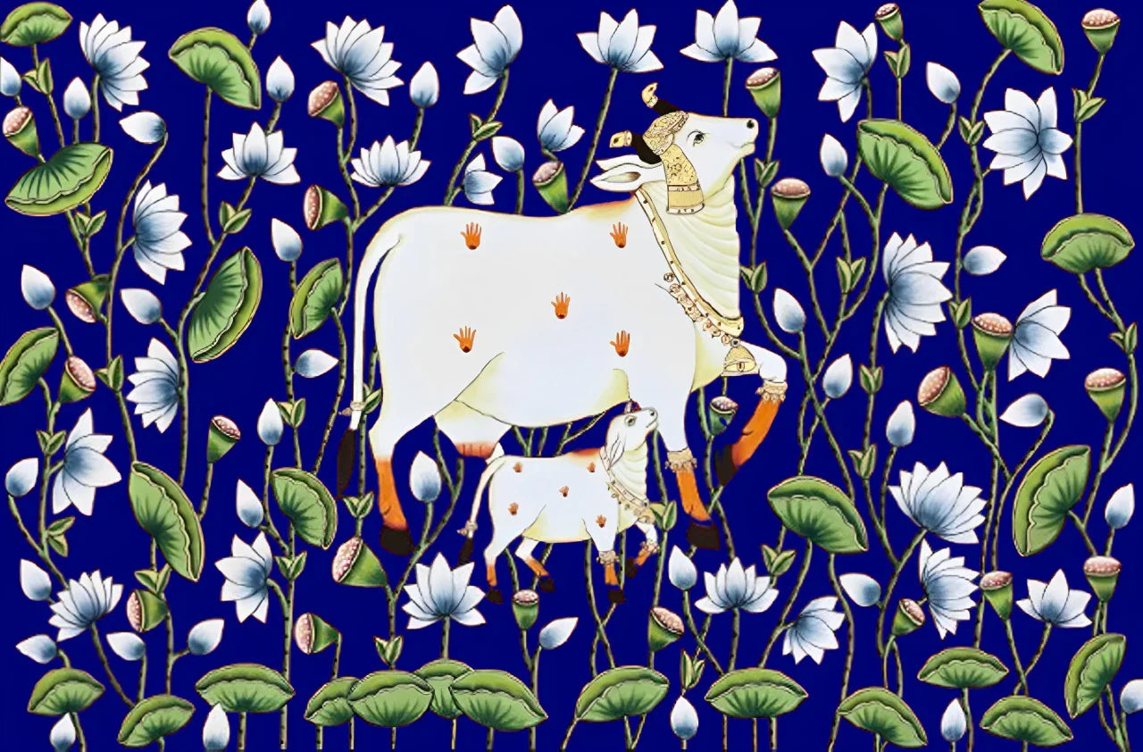Cow Pichwai Painting, Large Traditional Indian Pichwai Painting For Home Decor, Wall decor. home decor - Jaipur Earth