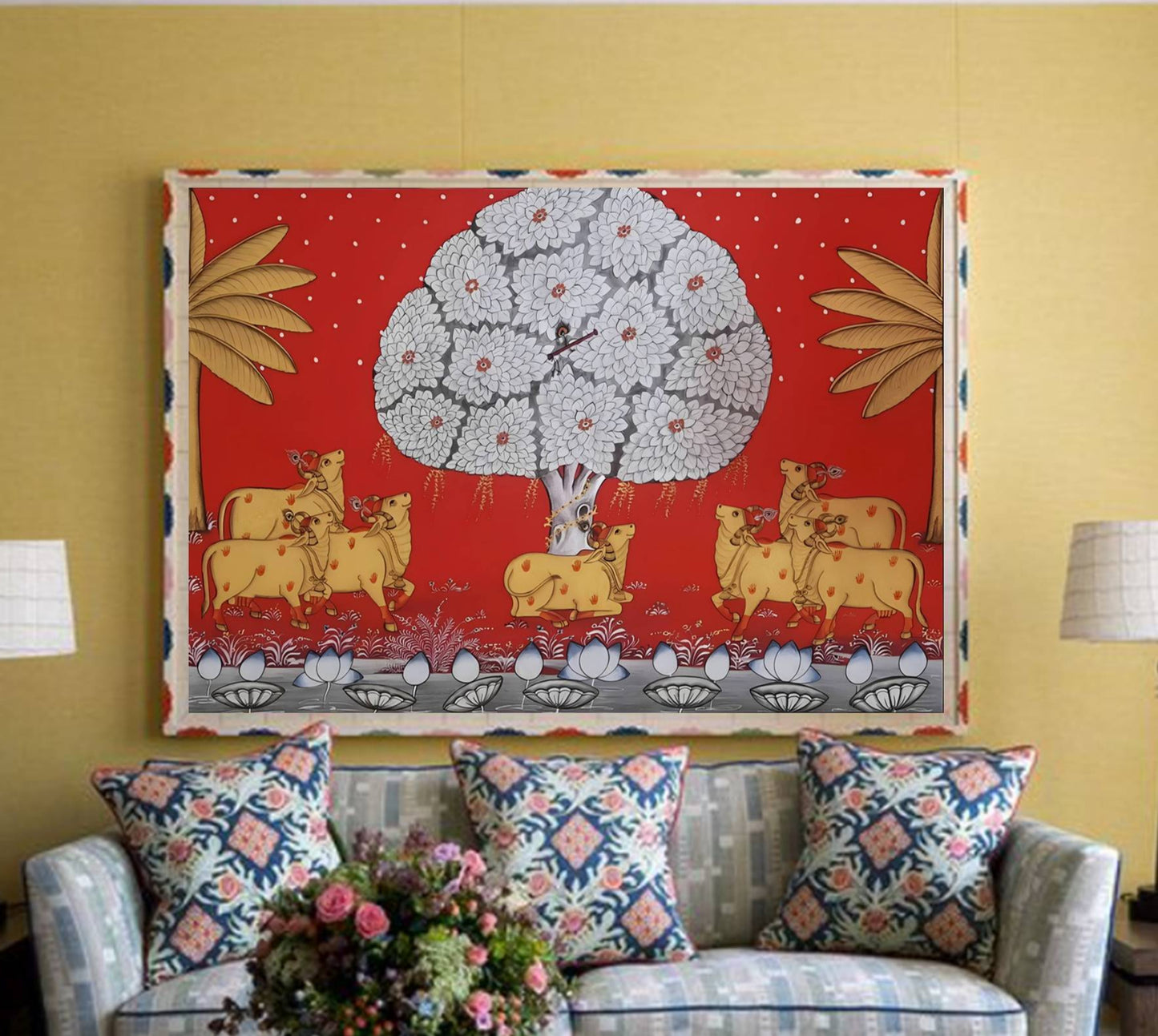 Cow Pichwai Painting, Large Traditional Indian Pichwai Painting For Home Decor, Wall decor. home decor - Jaipur Earth