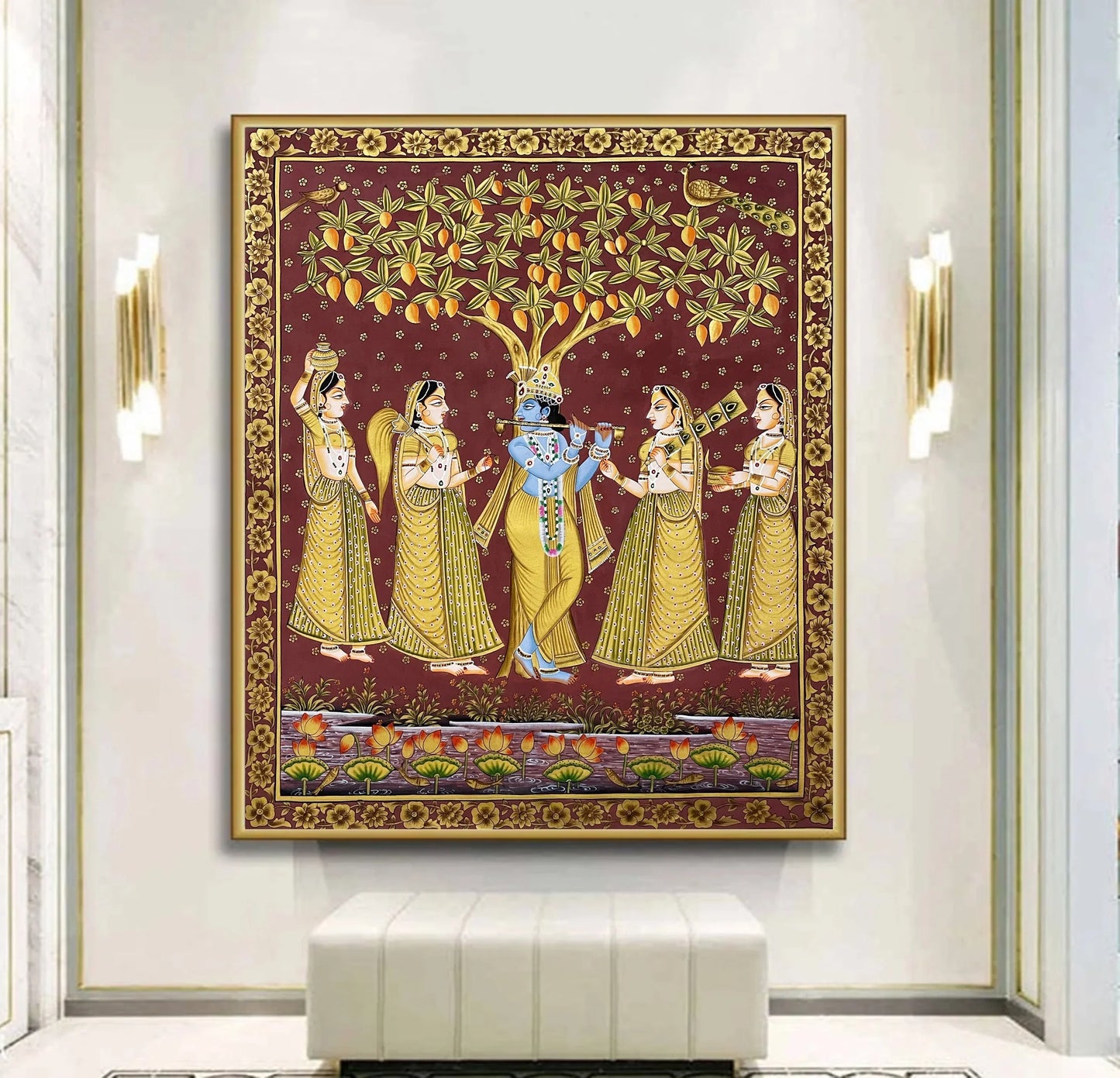 Radha Krishna Golden Detailed Pichwai Handmade Painting On Fabric with Lotus Background, Home Decor, Wall Decor - Jaipur Earth