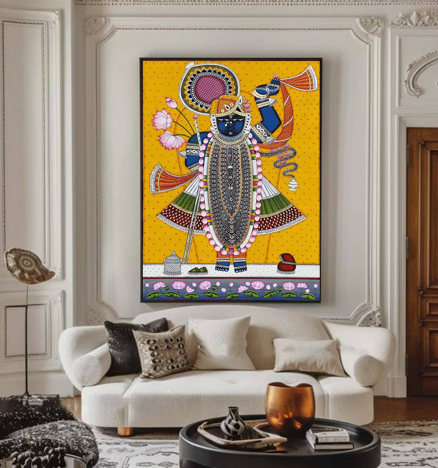 Pichwai Painting of Shreenathji and Lotus, Art For Home Decor, Beautiful Shreenathji In Kamal Talai on cloth, Home Decor, Wall art - Jaipur Earth