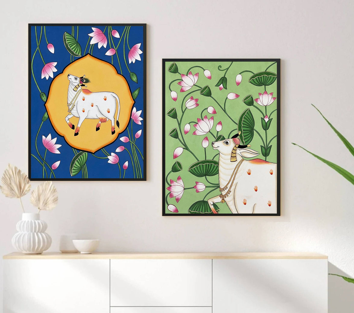 Pichwai Painting Of Cow, Set of 2, Traditional Indian Pichwai Painting For Home Decor, Wall Art, Wall Decor - Jaipur Earth