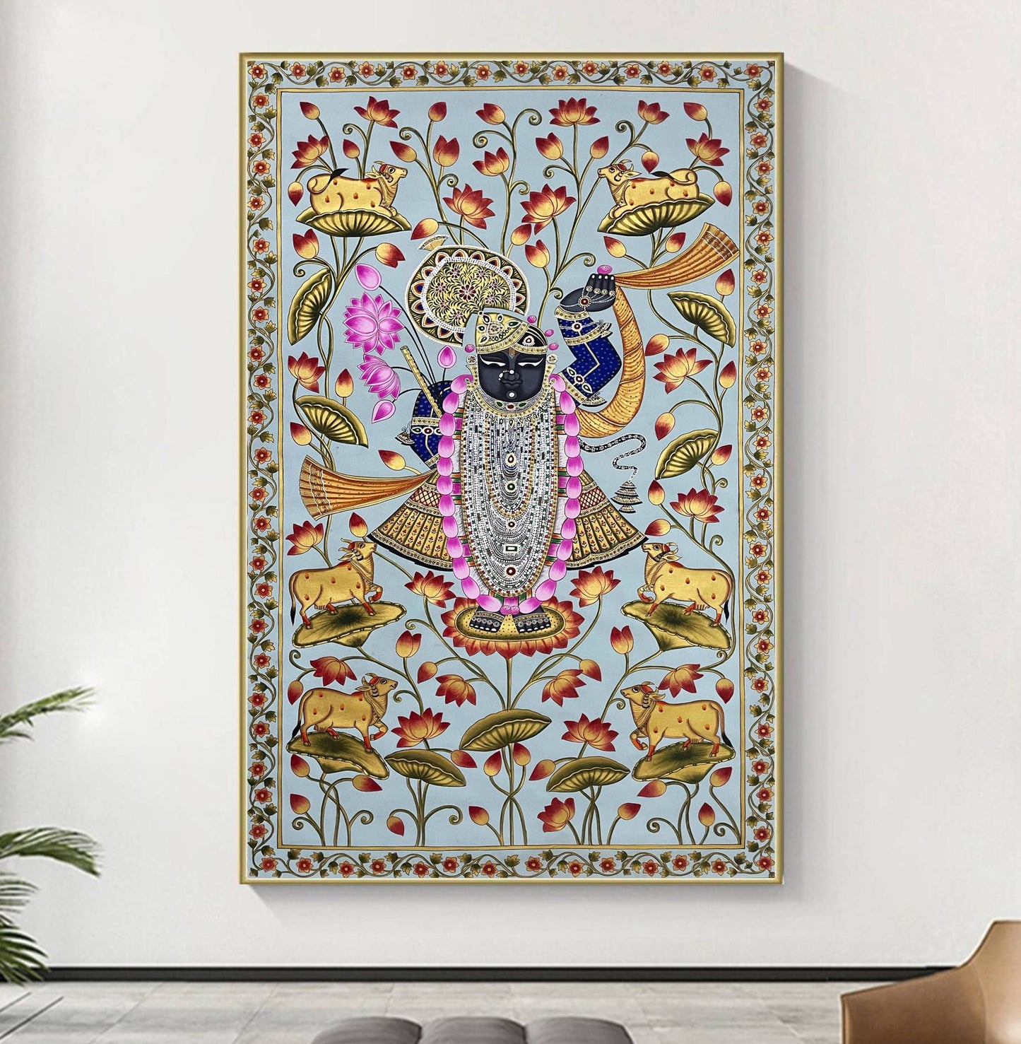 Shrinathji in Lotus Pond - Handmade Pichwai Painting (Unframed/ 5 x 3 feet)
