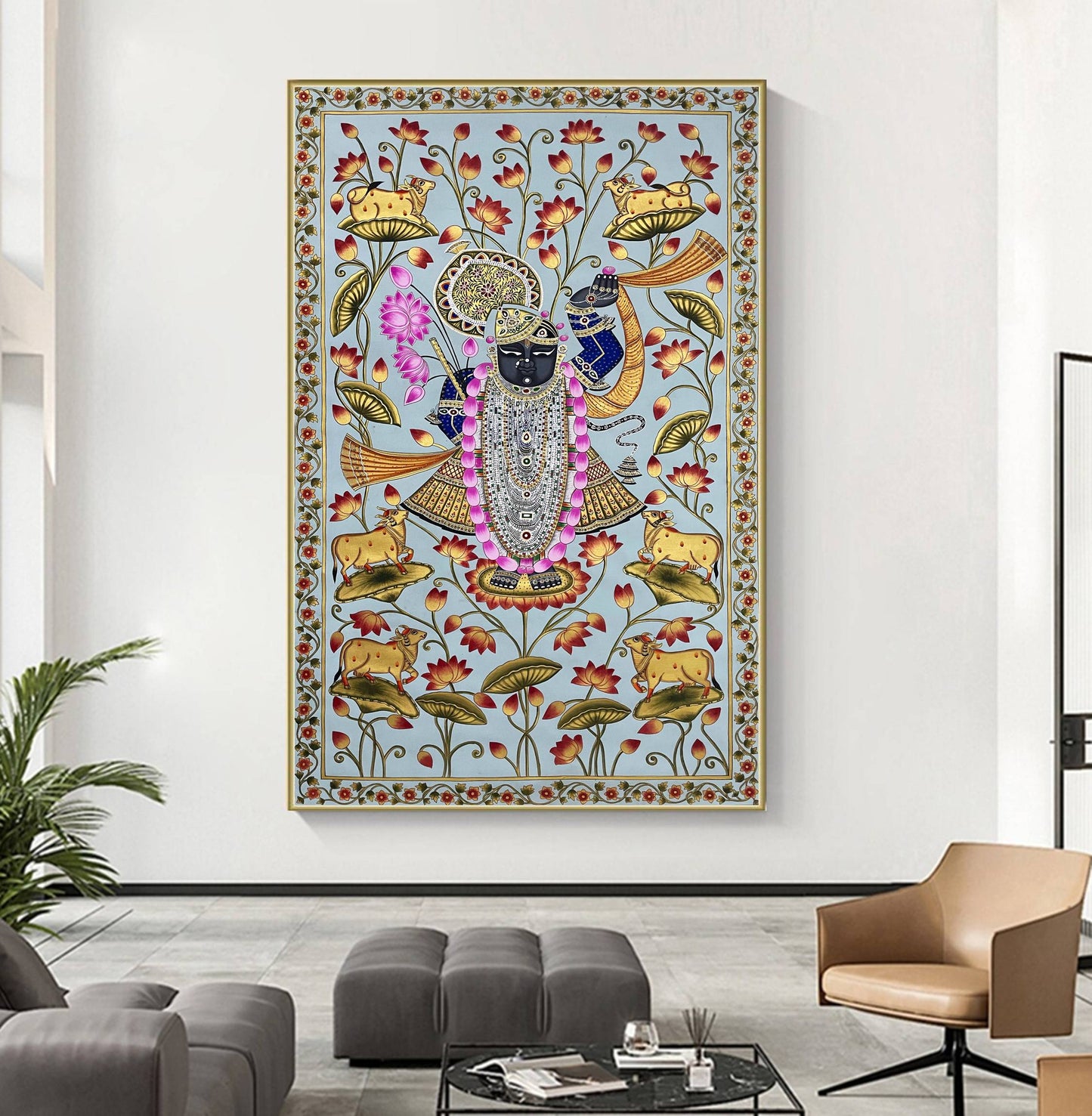 Shrinathji in Lotus Pond - Handmade Pichwai Painting (Unframed/ 5 x 3 feet)