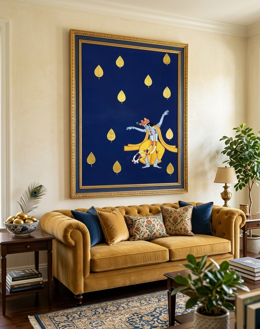 Dancing Lord Krishna Pichwai Painting, Traditional Art decor, Hand painted Krishna Painting, Housewarming, wall painting, wall hanging