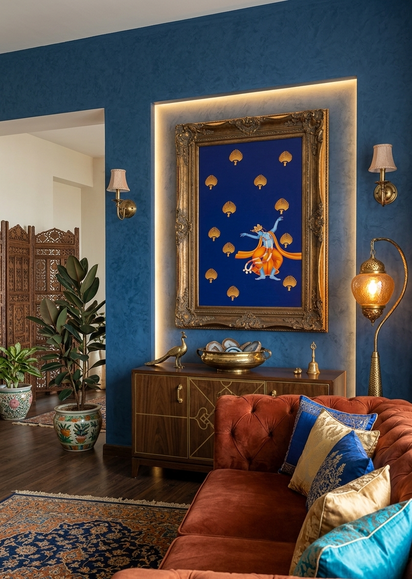 Dancing Krishna Pichwai Painting – Traditional Indian Krishna Wall Art | Handmade Religious Decor