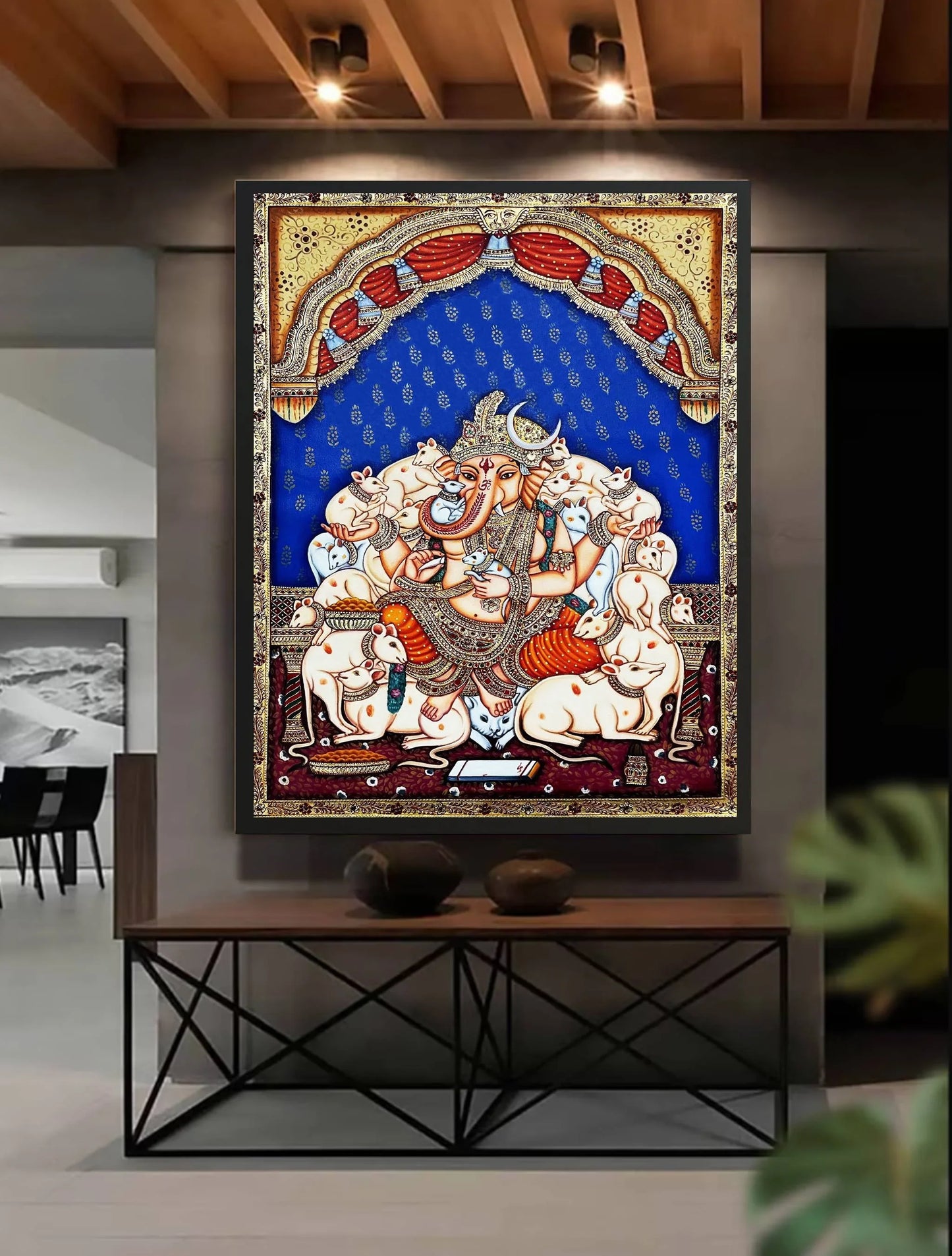 Ganesha Painting, Wall Art, Real Gold Oil Canvas Painting, Hindu God, Living Room, Painting for Office, Home Decor - Jaipur Earth