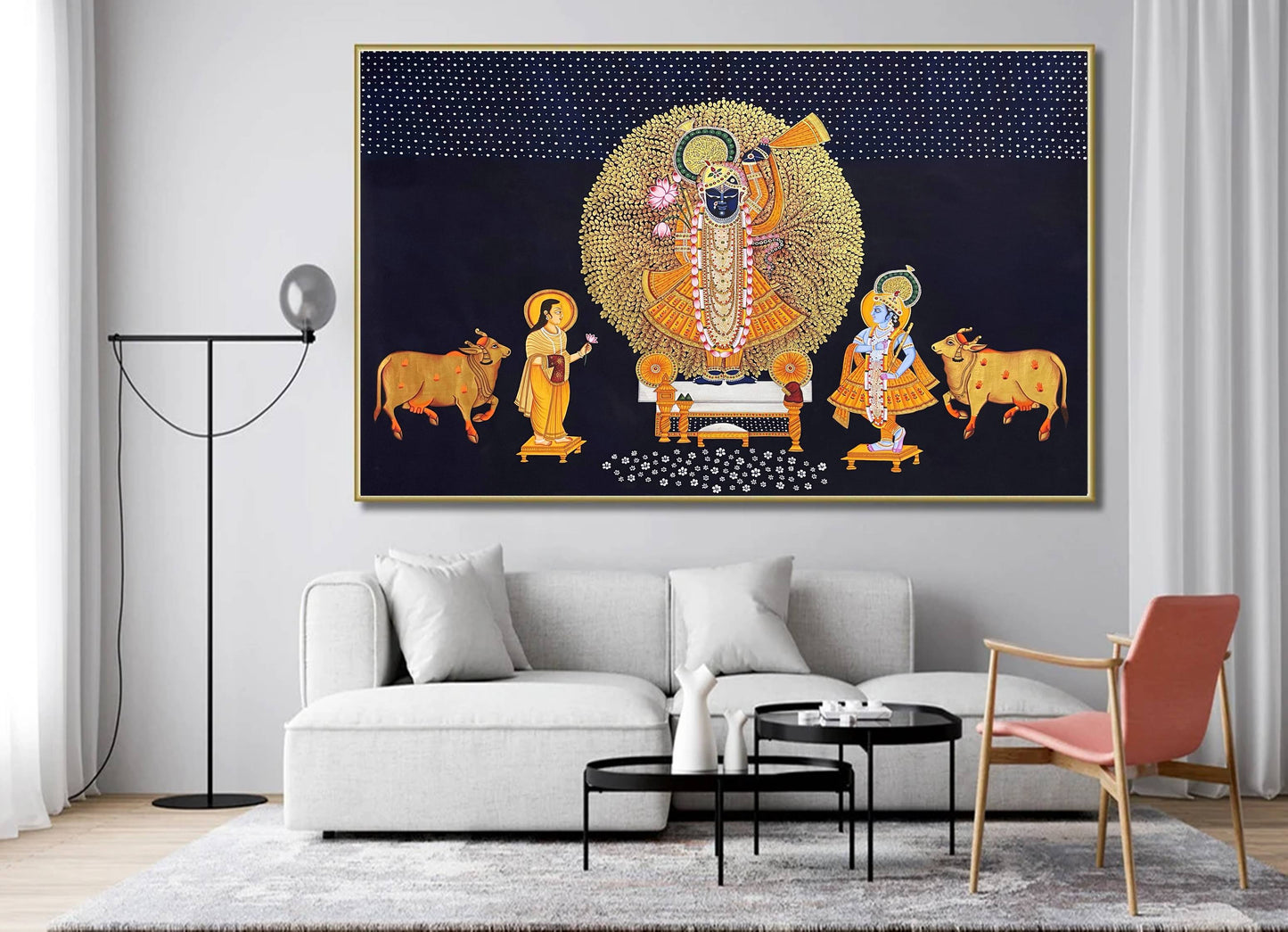 Shreenathji Shringar Pichwai Painting, Traditional Handmade Wall Painting Of Beautiful Shrinathji on fabric
