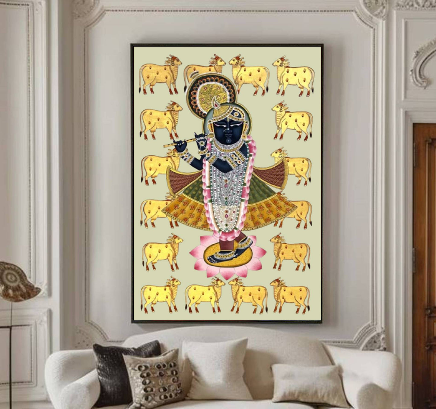 Pichwai Painting of Shreenathji and Lotus, Art For Home Decor, Beautiful Shreenathji In Kamal Talai on cloth, Home Decor, Wall art - Jaipur Earth