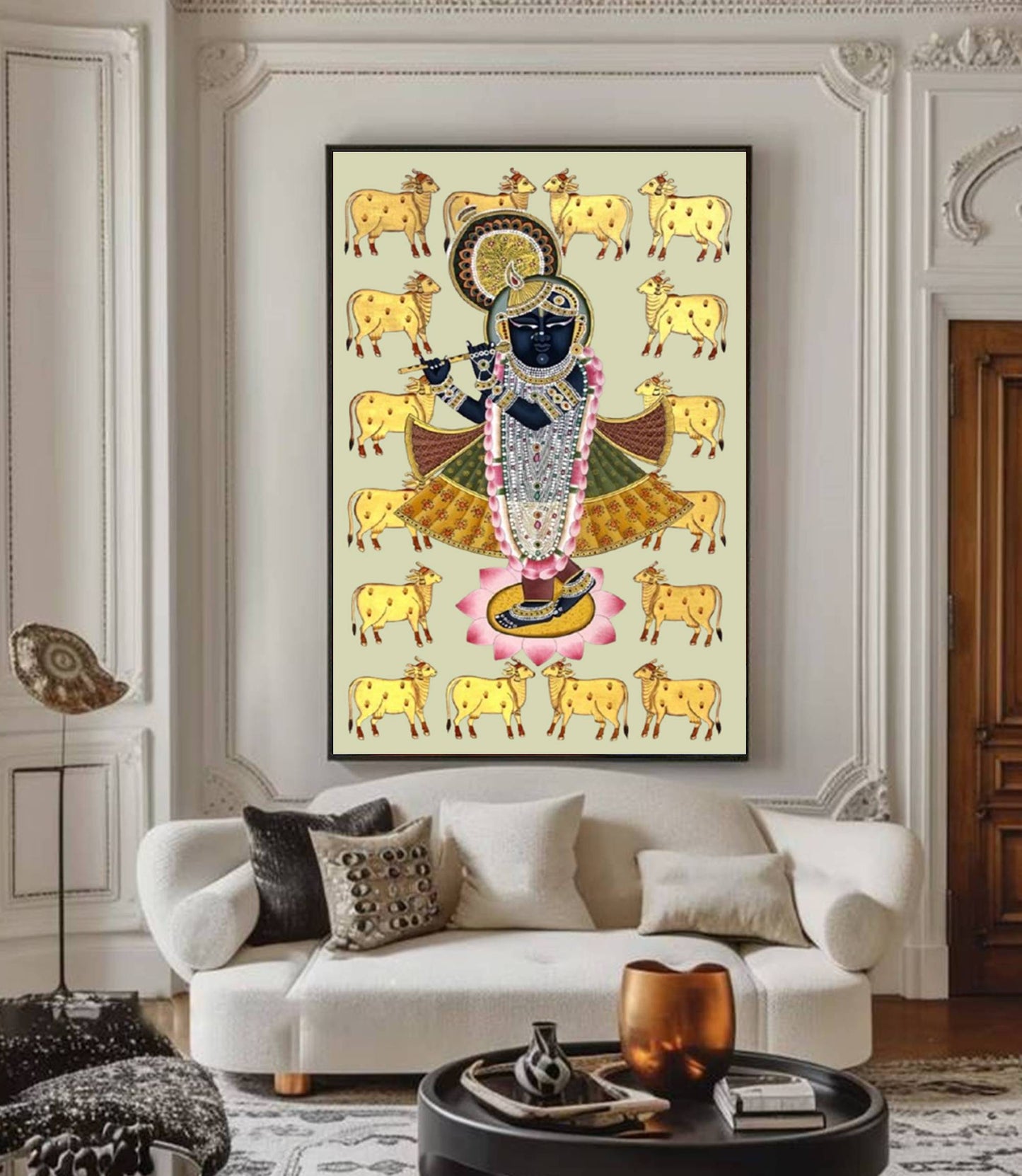 Pichwai Painting of Shreenathji and Lotus, Art For Home Decor, Beautiful Shreenathji In Kamal Talai on cloth, Home Decor, Wall art - Jaipur Earth