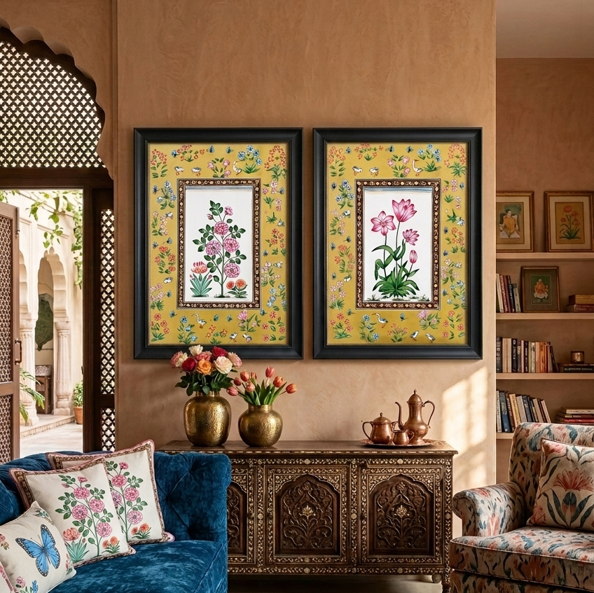 Hand-Painted Floral Miniature Painting | Traditional Indian Mughal Art on Handmade Paper | Framed