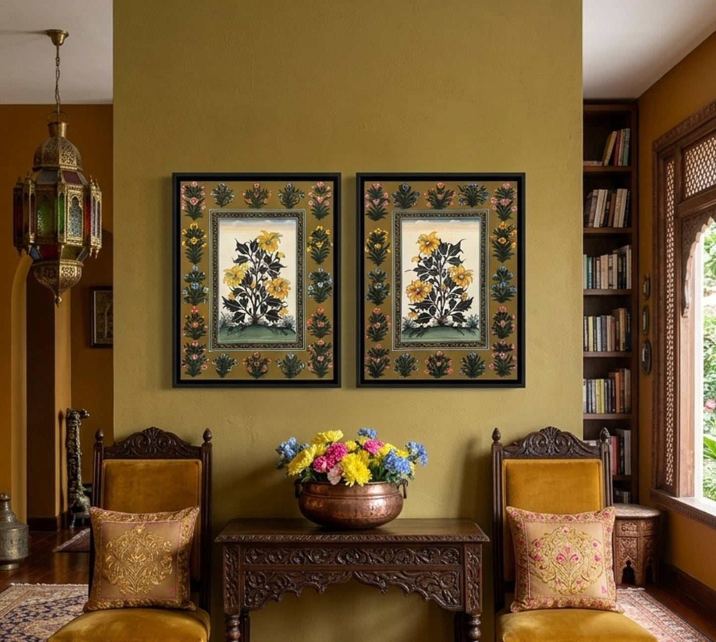 Hand-Painted Floral Miniature Painting | Traditional Indian Mughal Art on Handmade Paper | Framed