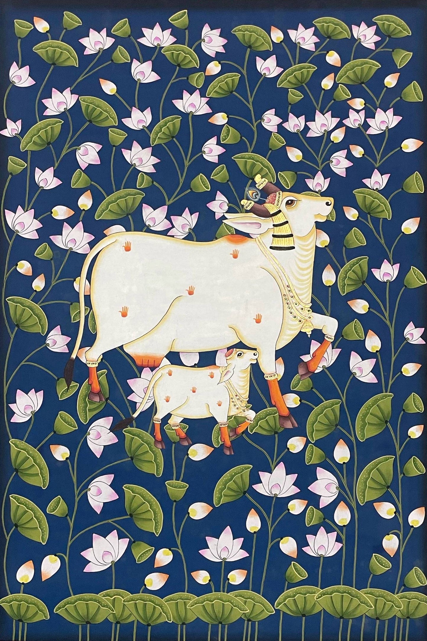 Cow Pichwai Painting, Large Traditional Indian Pichwai Painting For Home Decor, Wall decor. home decor