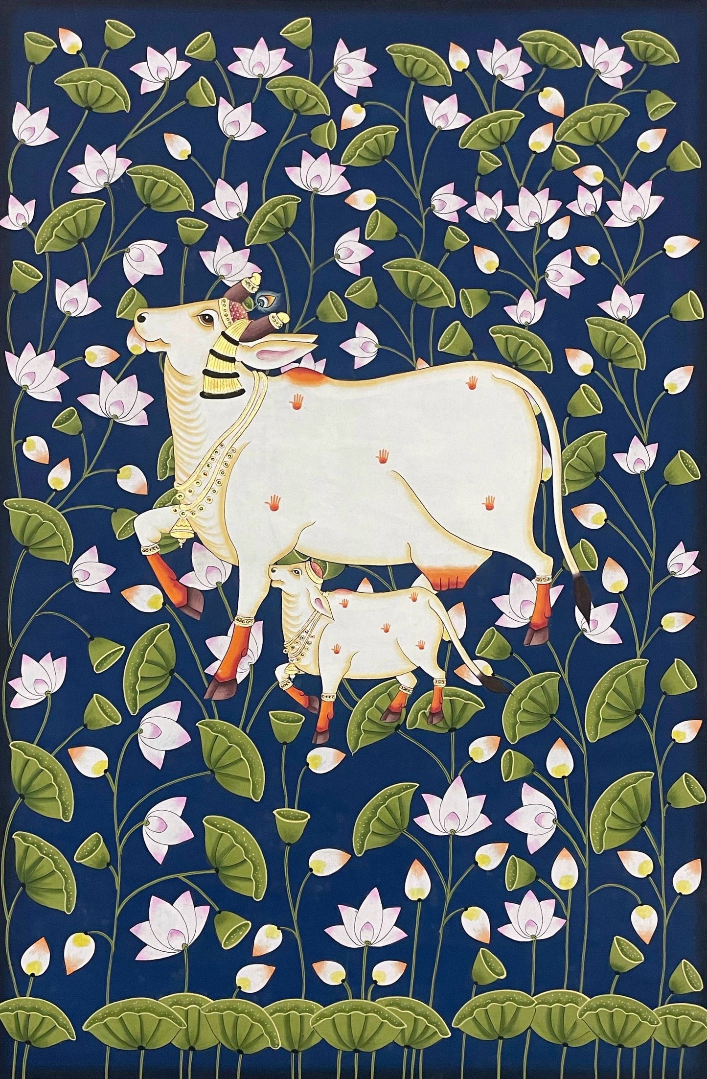 Cow Pichwai Painting, Large Traditional Indian Pichwai Painting For Home Decor, Wall decor. home decor