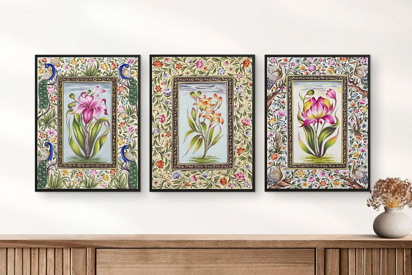 Flower Painting, Miniature Painting Set of 3, Handmade Miniature Painting, Wall Art, Home Decor gift - Jaipur Earth