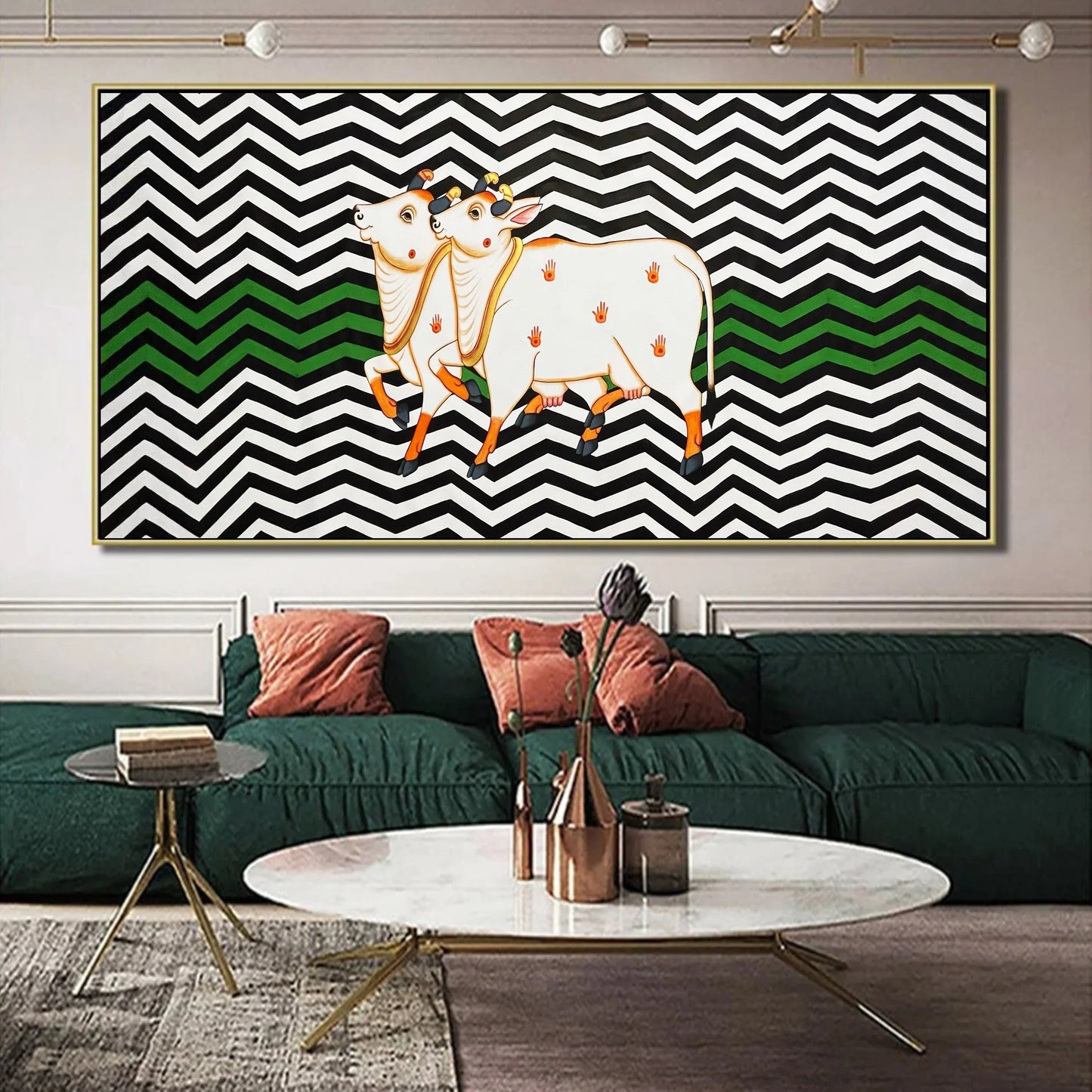 Pichwai Painting Of Cow with Black and White Theme, Large Traditional Indian Pichwai Painting For Home Decor, Wall Art - Jaipur Earth
