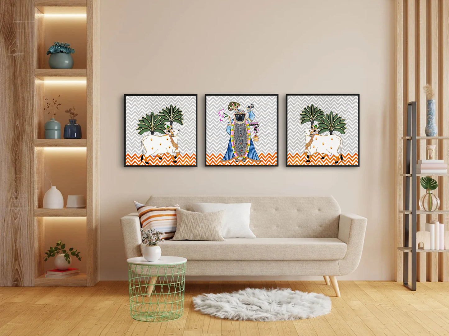 Set of 3 Shrinathji Pichwai and Cow Pichwai Painting Art Handmade Design Natural Stone color on cloth Indian Decor Paintings, Wall art - Jaipur Earth