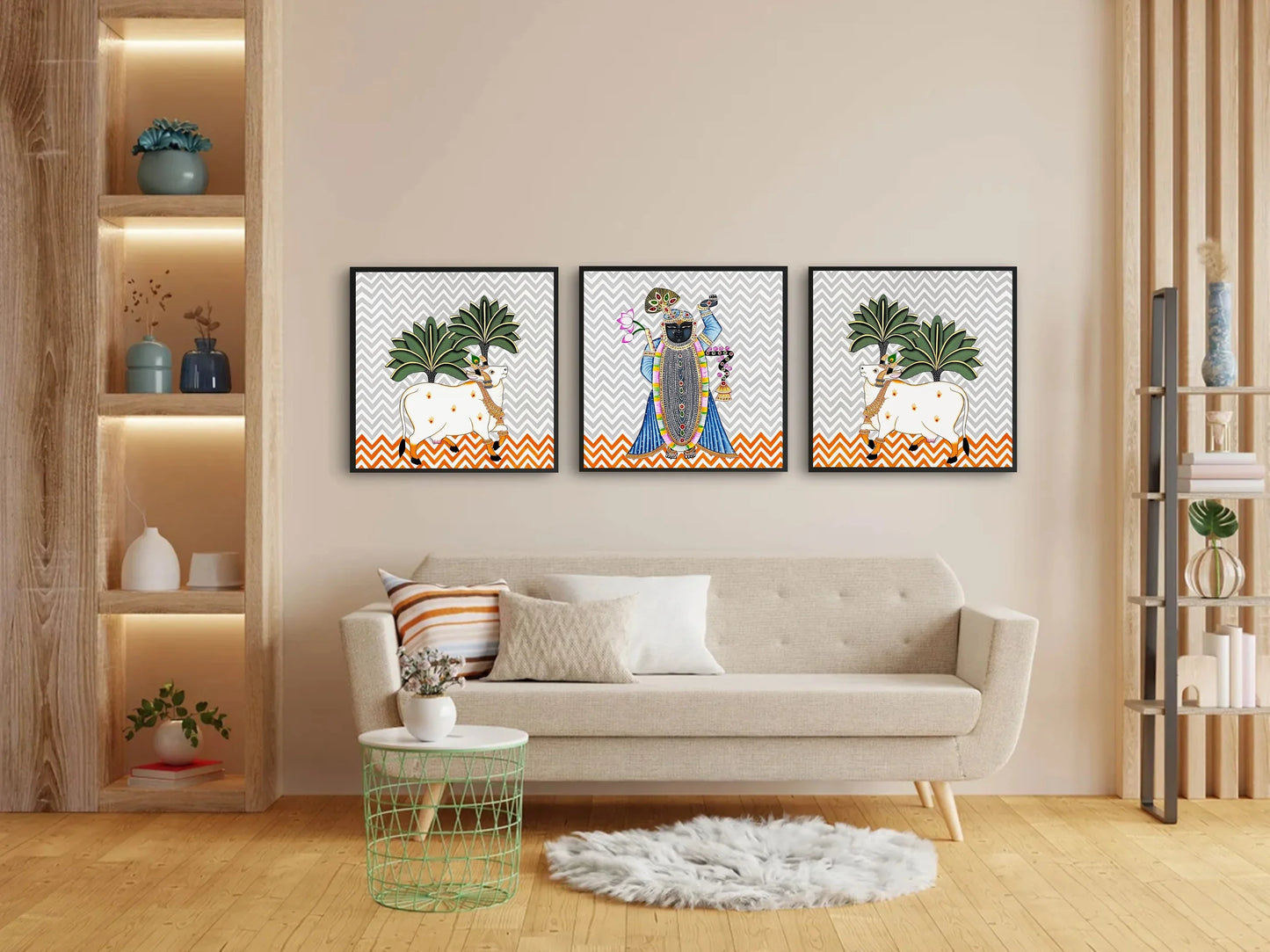 Set of 3 Shrinathji Pichwai and Cow Pichwai Painting Art Handmade Design Natural Stone color on cloth Indian Decor Paintings, Wall art - Jaipur Earth