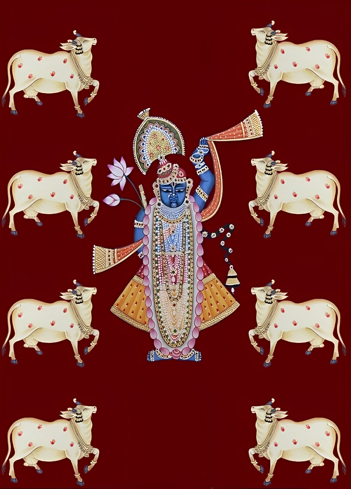 Pichwai Painting of Shrinathji and Lotus, Art For Home Decor, Beautiful Shrinathji In Kamal Talai on cloth, Wall Art, Home Decor gift - Jaipur Earth