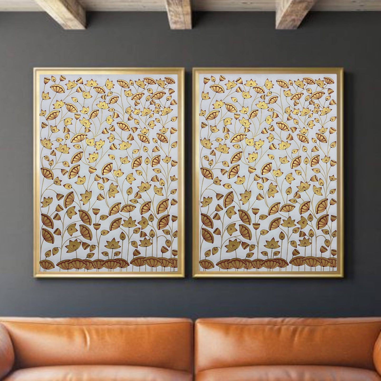 Pichwai Paintings Set of 2, Golden Lotus Pond Indian Pichwai, Home decor Art, Indian painting, wall decor