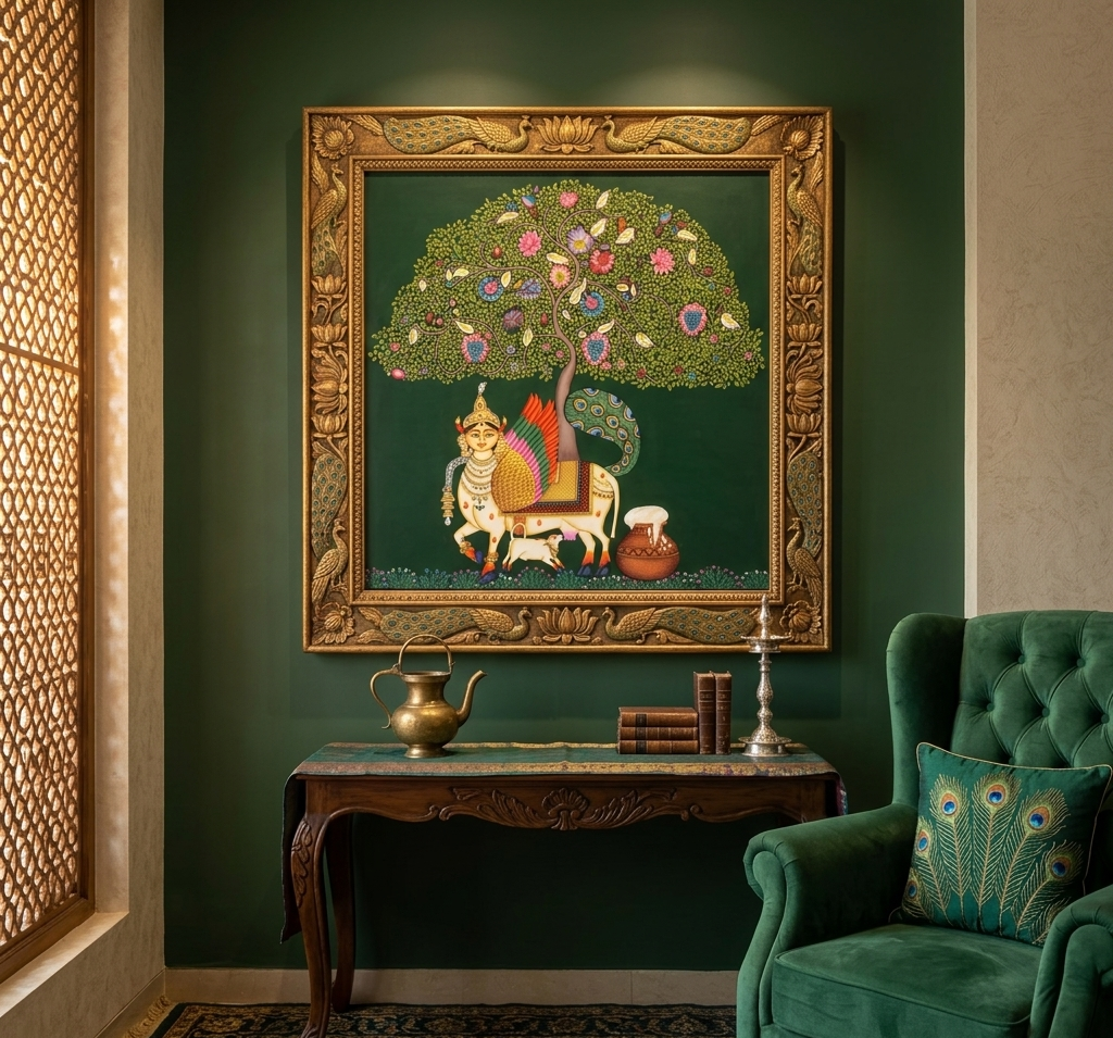 Kamdhenu Sacred Cow Life Tree Handmade Pichwai Painting | Traditional Nathdwara Indian Art