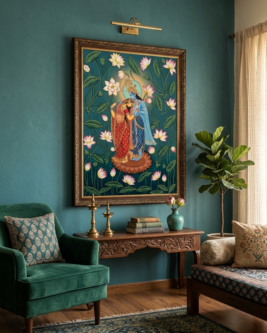 Hand-Painted Radha Krishna Lotus Pichwai Painting | Traditional Nathdwara Art