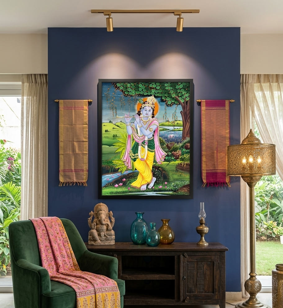 Krishna Detailed Pichwai Handmade Painting Framed | Traditional Wall Art