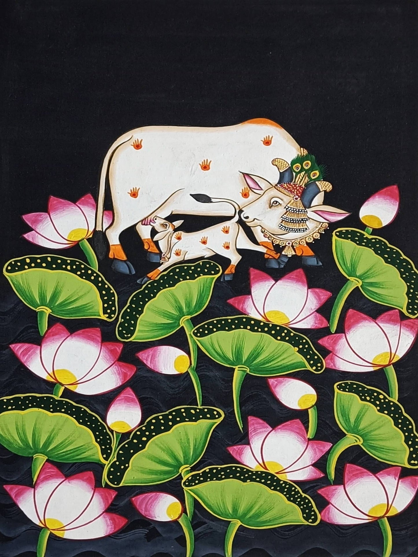Pichwai Painting Of Cow, Detailed Traditional Indian Pichwai Painting For Home Decor, Wall Decor, Wall Art - Jaipur Earth