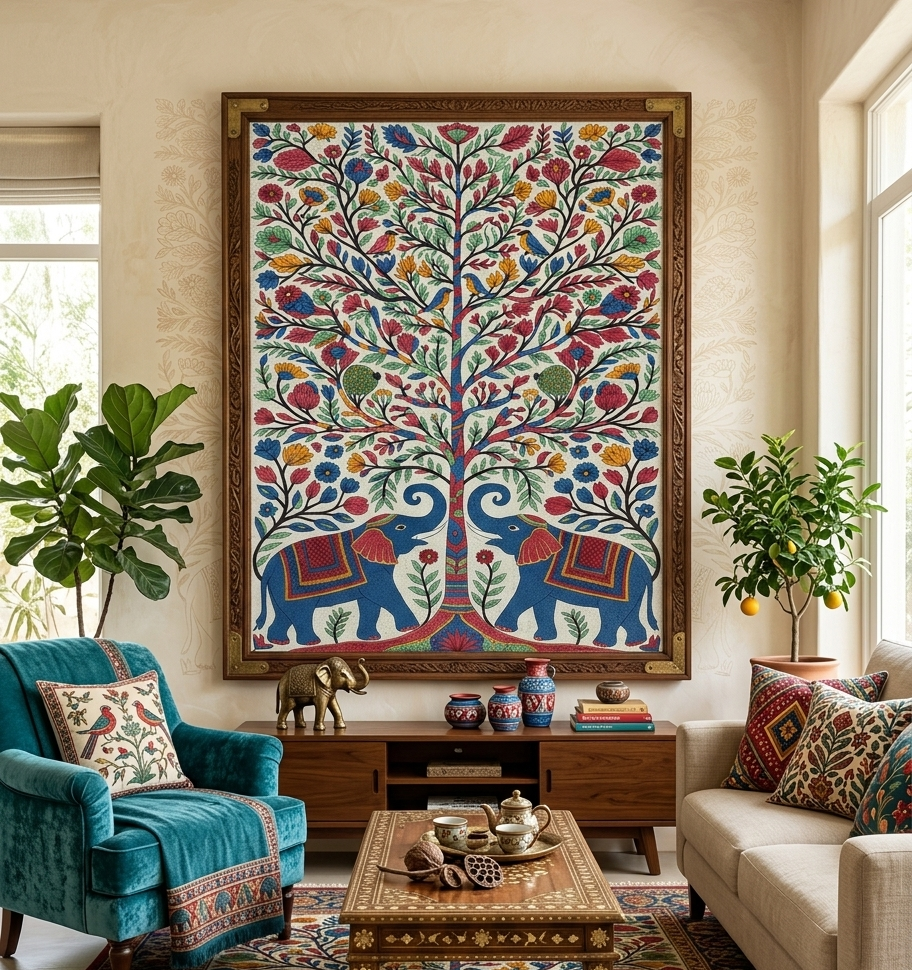 Tree of Life with Elephants and Birds – Traditional Indian Folk Art Painting on Cloth