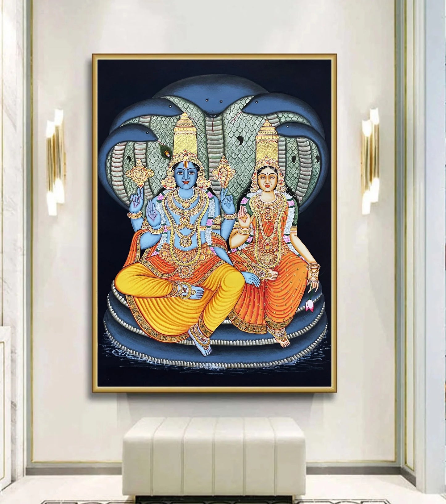 Laxmi Narayan Painting, Detailed Pichwai Handmade Painting On Fabric, Lord Vishnu, Home decor gift, Wall decor - Jaipur Earth