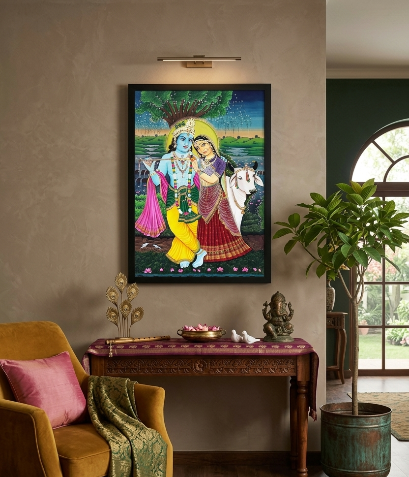 Radha Krishna Detailed Pichwai Handmade Painting Framed | Traditional Wall Art