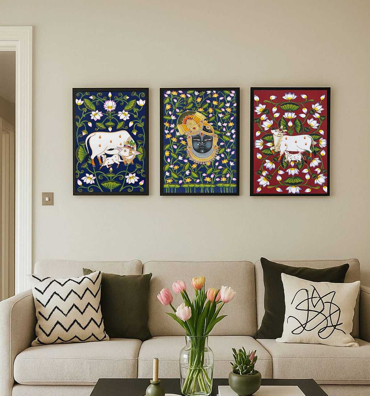 Framed Indian Pichwai Wall Art Set of 3, Shrinathji & Cow Paintings, Hand Painted Fabric, Luxury Home Decor