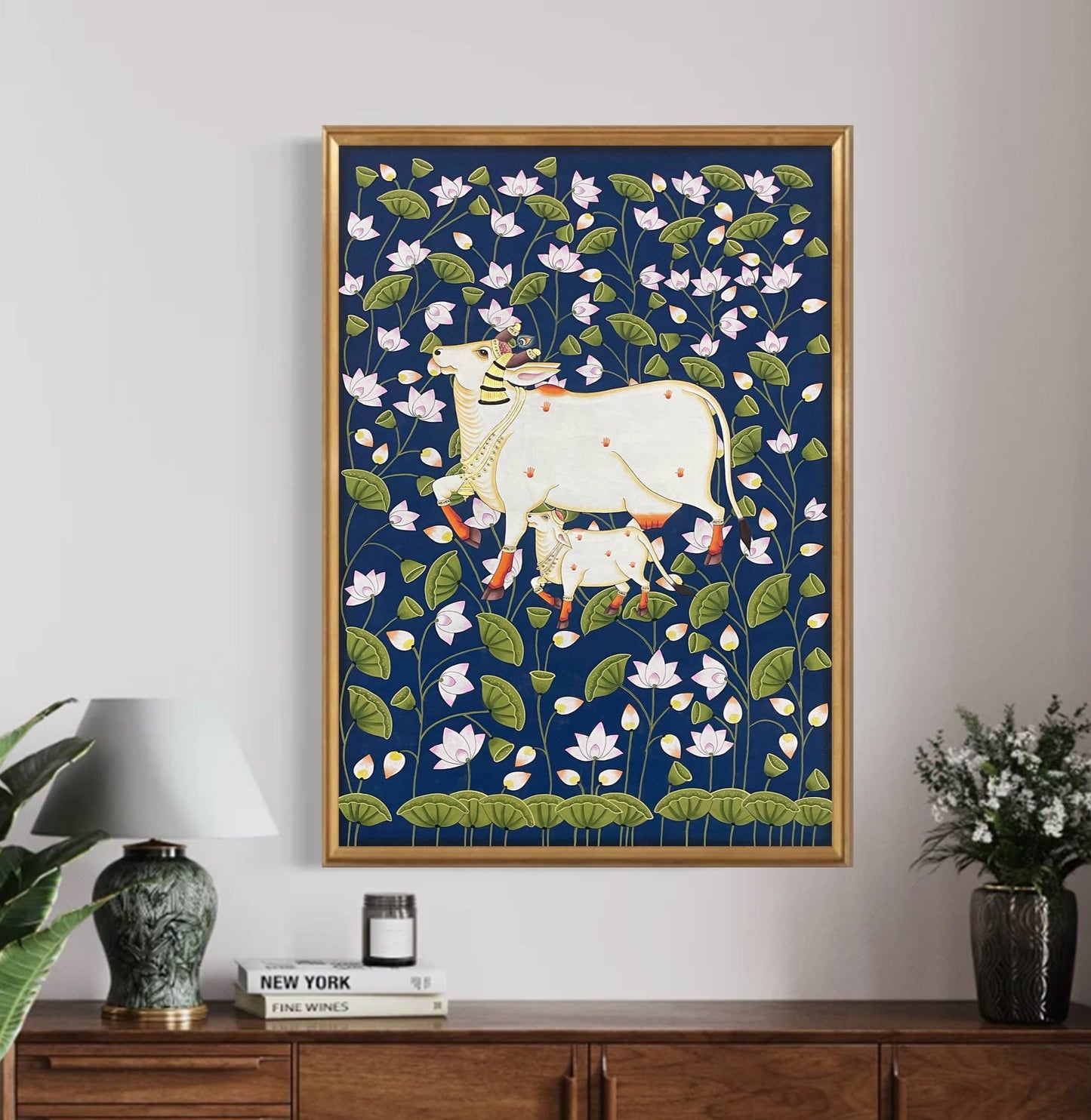 Cow Pichwai Painting, Large Traditional Indian Pichwai Painting For Home Decor, Wall decor. home decor