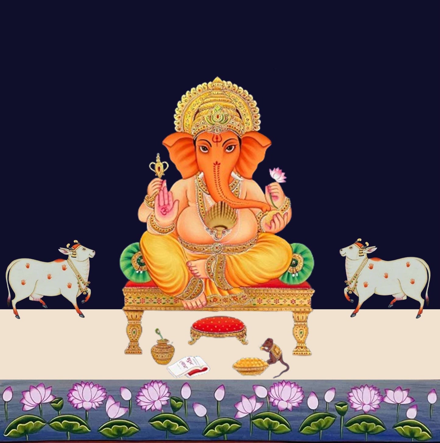 Lord Ganesha and Flower Art Painting For Home Decor, Traditional Handmade Painting Of Beautiful Lord Ganesha, Wall Painting, Wall Hanging - Jaipur Earth
