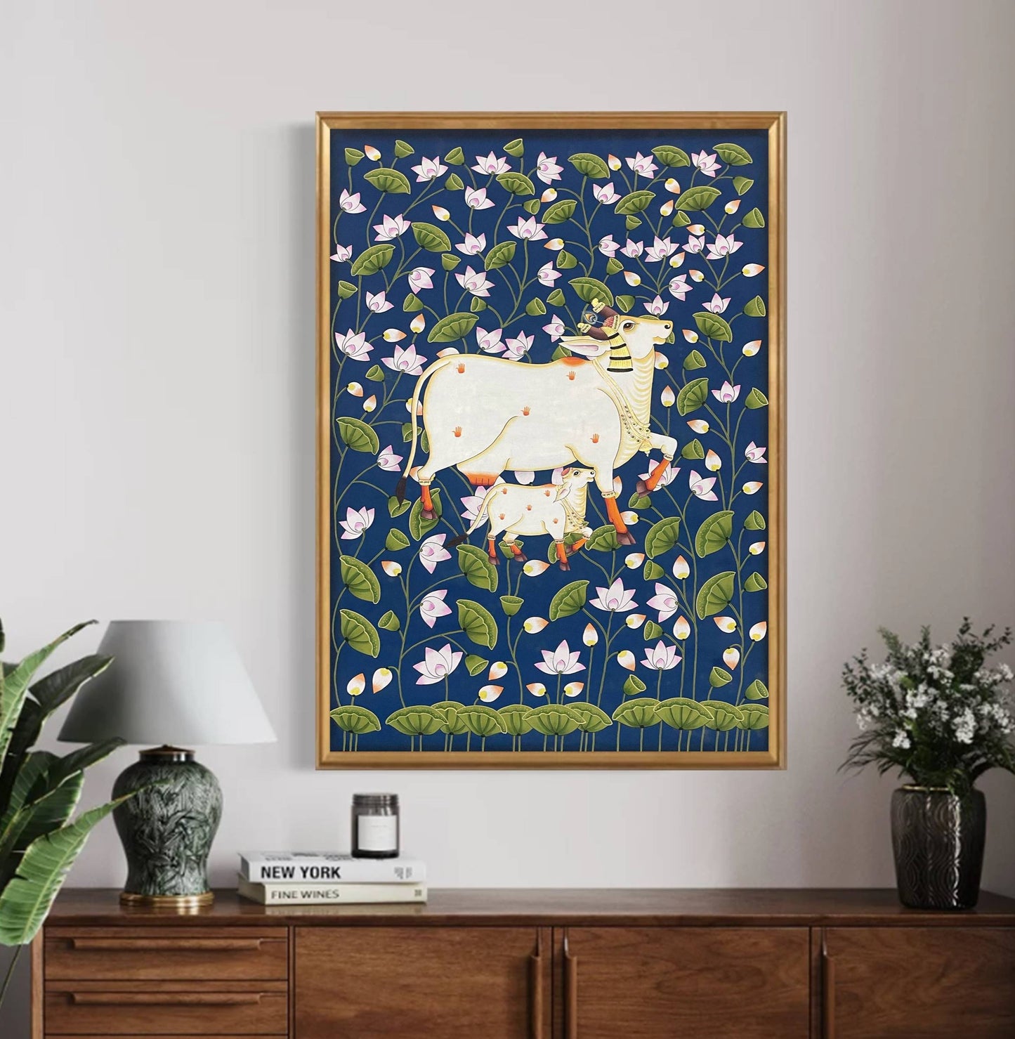 Cow Pichwai Painting, Large Traditional Indian Pichwai Painting For Home Decor, Wall decor. home decor