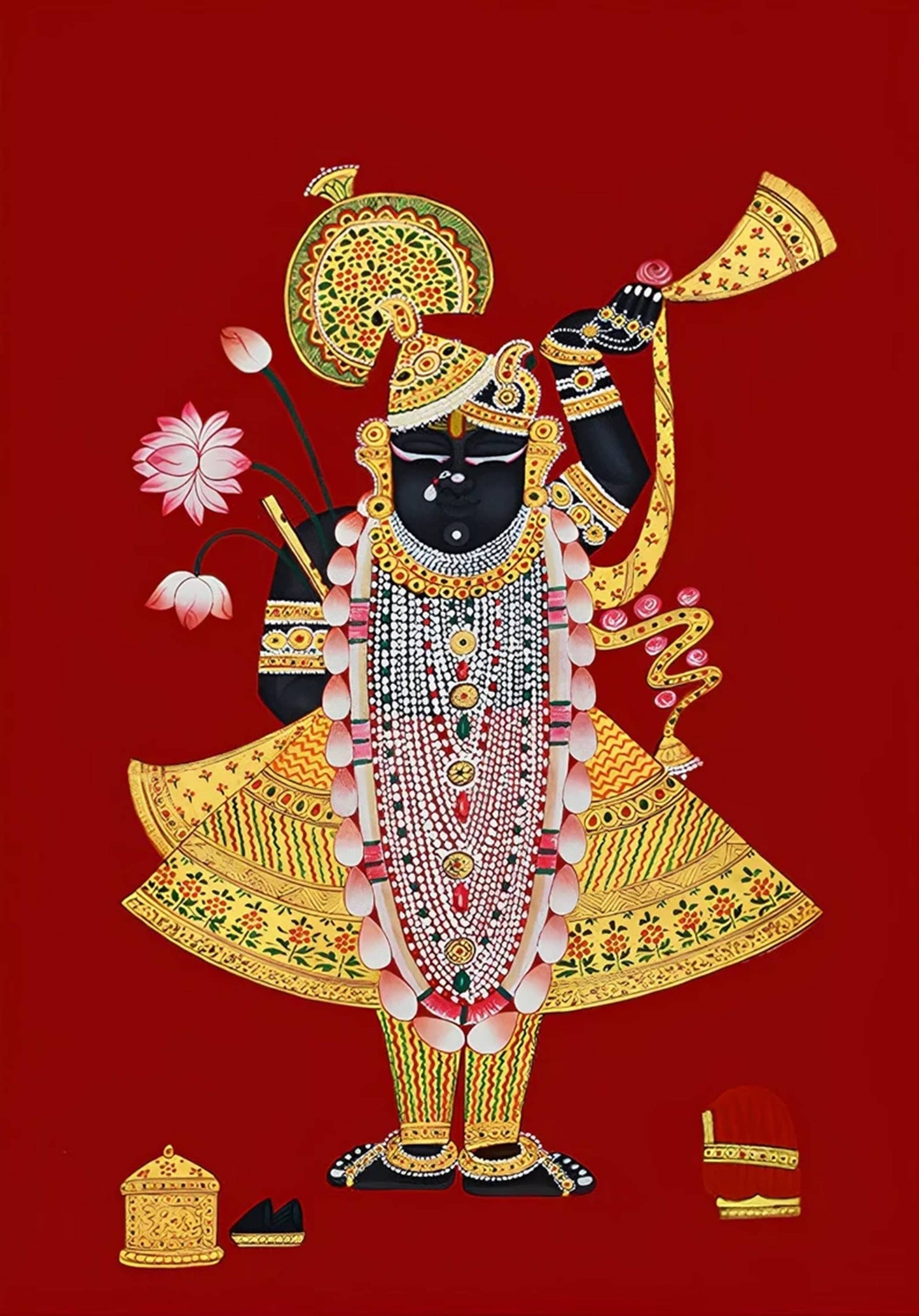 Pichwai Painting of Shrinathji and Lotus, Art For Home Decor, Beautiful Shrinathji In Kamal Talai on cloth, Wall Art, Home Decor gift - Jaipur Earth