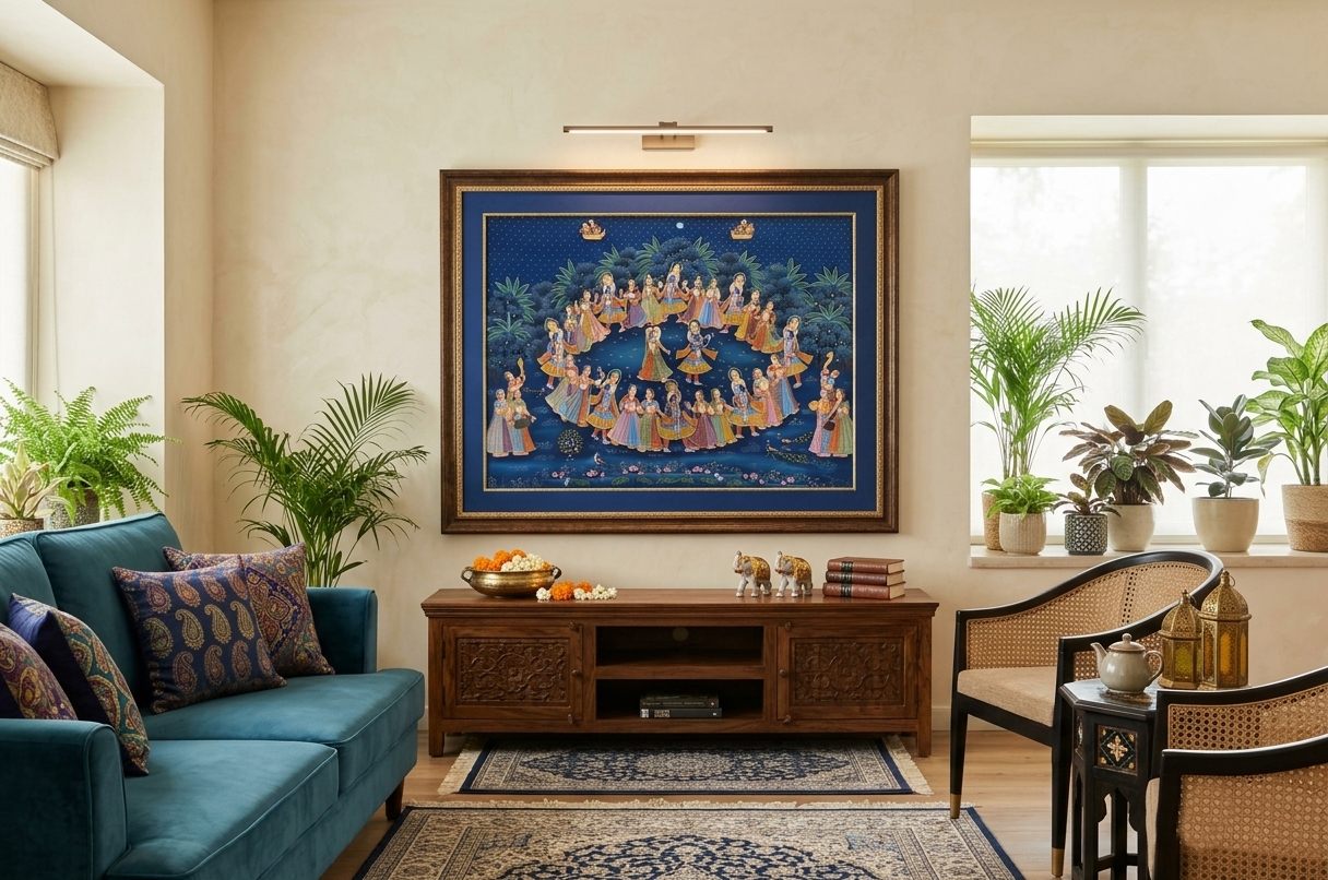 Radha Krishna Raasleela Pichwai Painting – Handmade Detailed Traditional Wall Art
