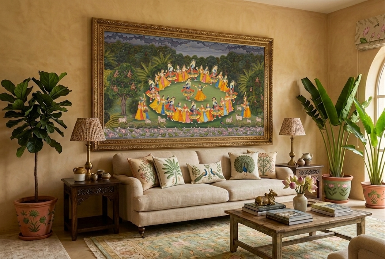 Jungle Pichwai Radha Krishna Raasleela Painting | Handmade Traditional Indian Wall Art