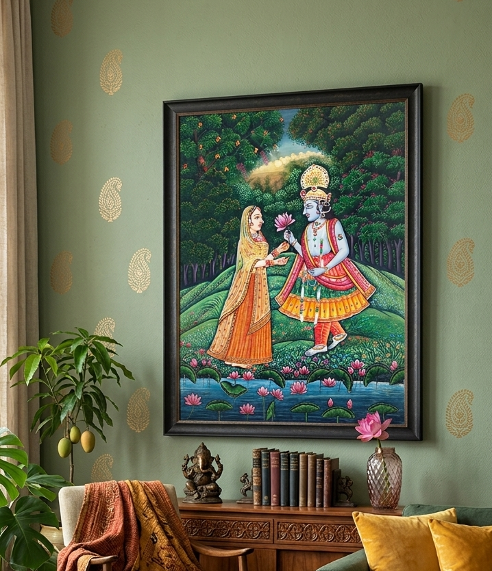 Radha Krishna Detailed Pichwai Handmade Painting Framed | Luxury Traditional Art