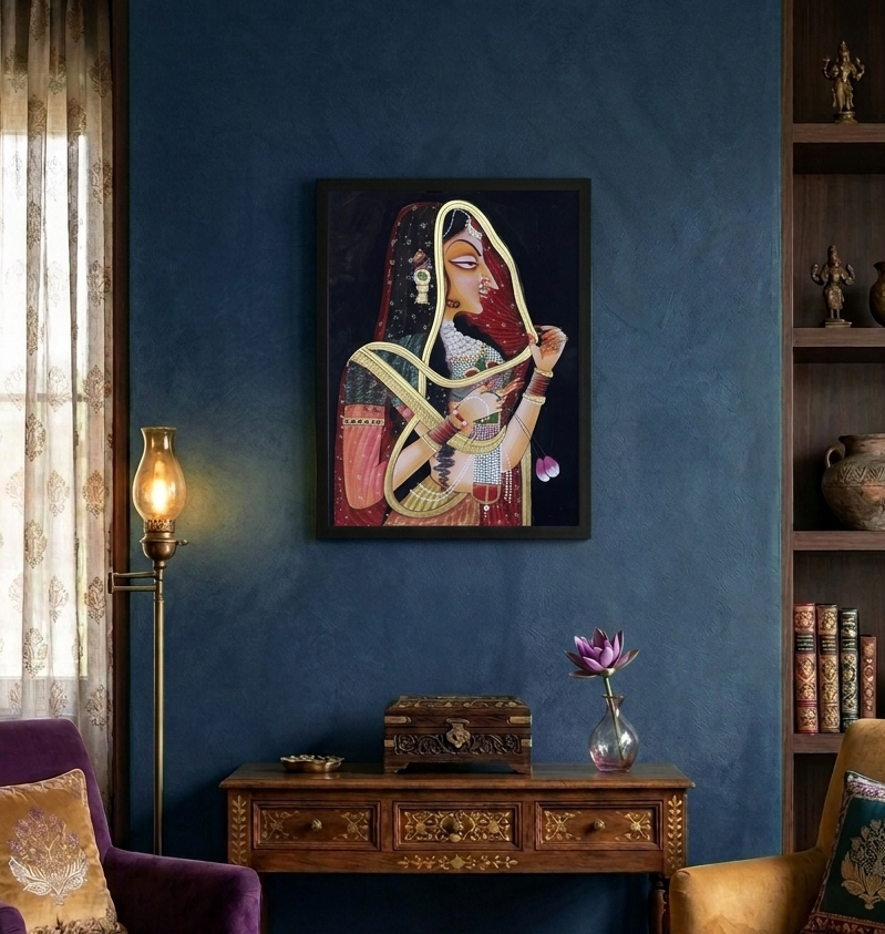 Rajasthani Royal Lady with Lotus Flowers – Traditional Indian Miniature Painting | Framed