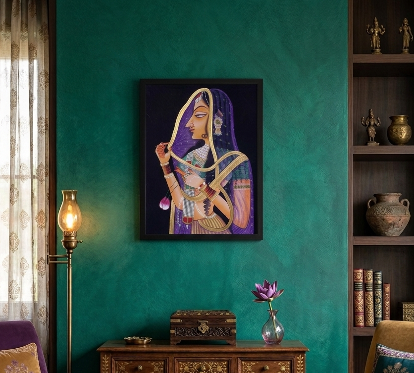 Rajasthani Royal Lady with Lotus Flowers – Traditional Indian Miniature Painting | Framed