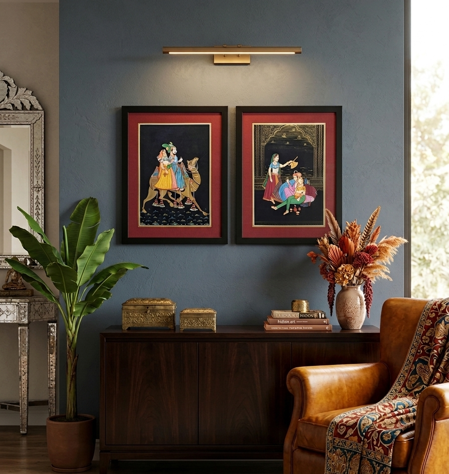 Hand Painted Indian Miniature Painting on Paper | Traditional Rajasthani Art | Set of Two | Framed