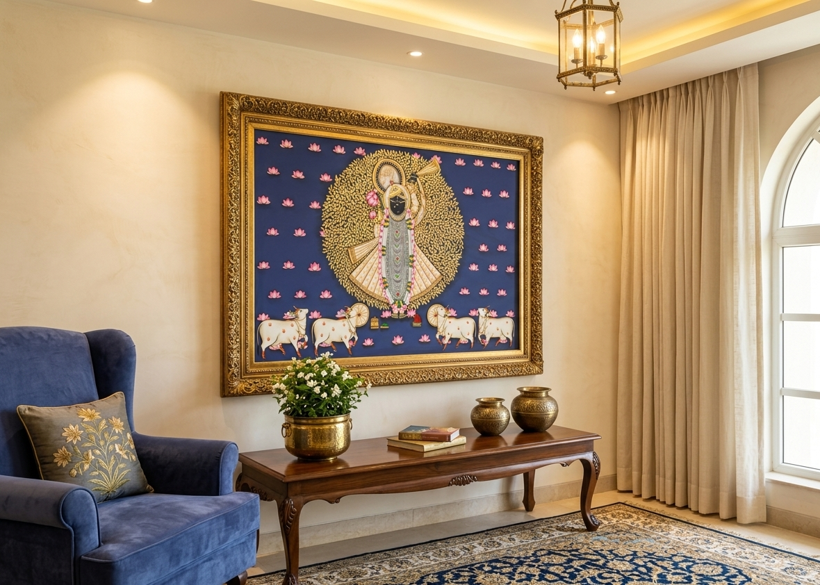 Shreenathji and Lotus Pichwai Art Painting For Home Decor, Traditional Handmade Wall Painting Of Beautiful Shri Nath Ji