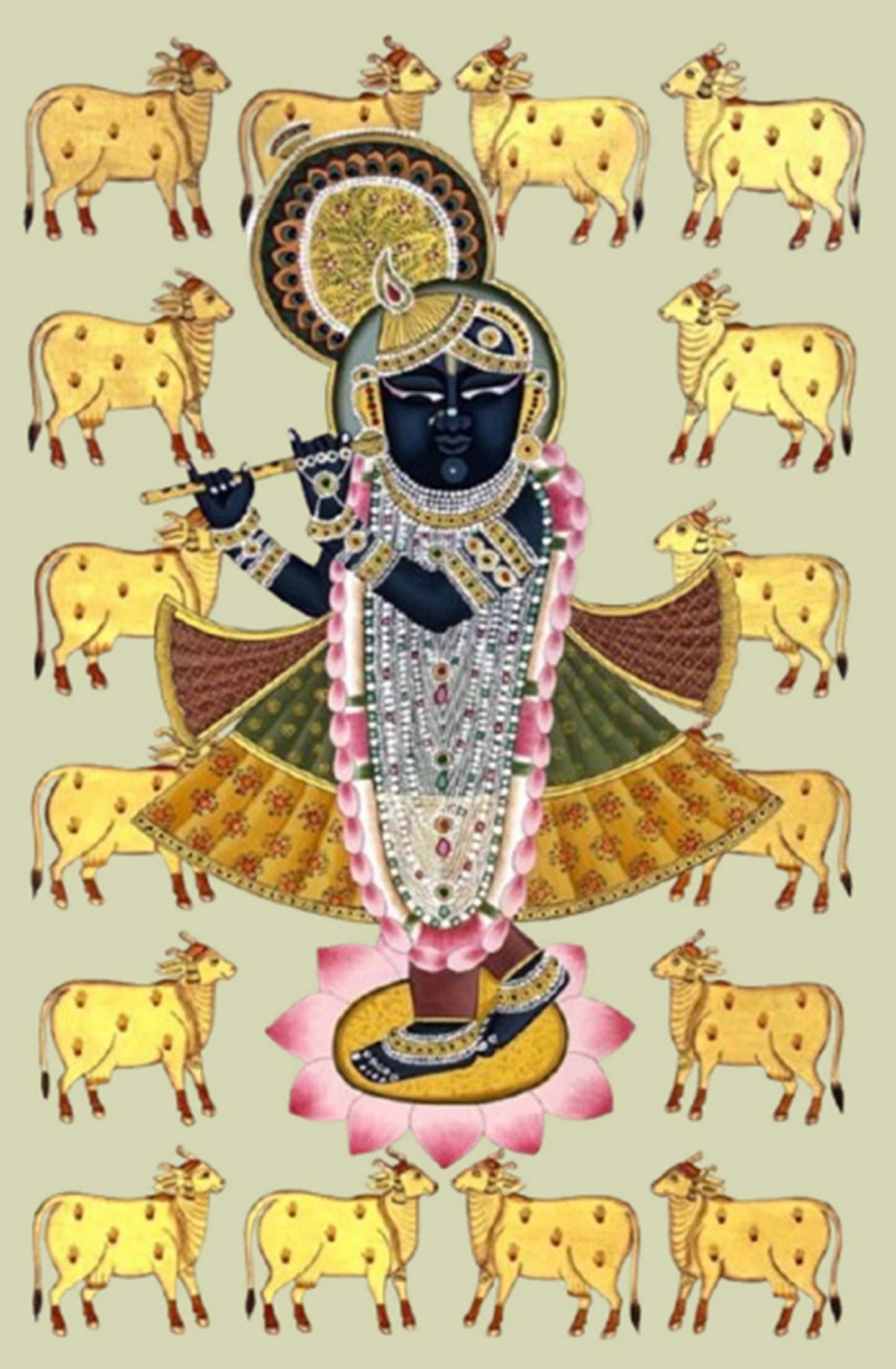 Pichwai Painting of Shreenathji and Lotus, Art For Home Decor, Beautiful Shreenathji In Kamal Talai on cloth, Home Decor, Wall art - Jaipur Earth