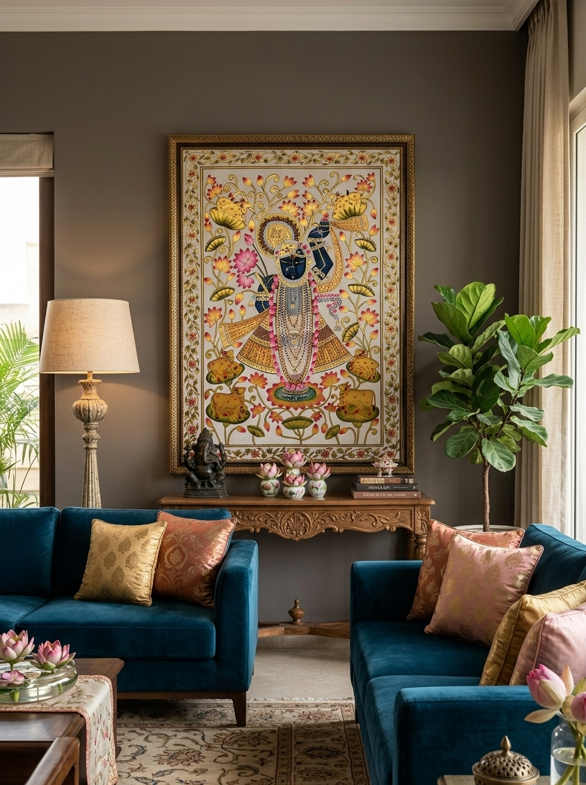 Shrinathji Pichwai Painting, Large Pichwai, Handmade Pichwai Art on cloth Indian Decor, Wall Art, Home Decor Gift