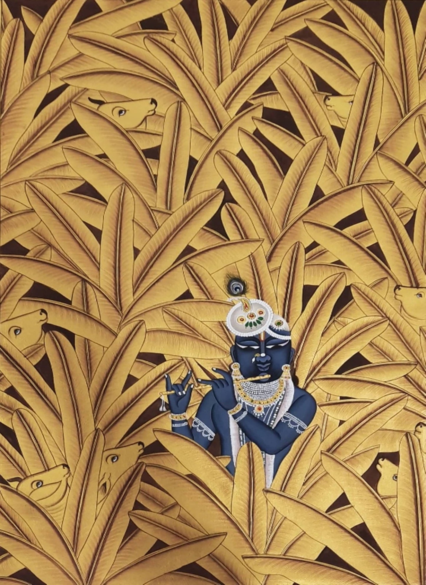 Krishna in Golden Banana Trees, Hand Painted Pichwai Painting, Home Decor, Wall Decor